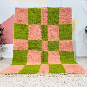 Cute Moroccan Rug, Beni Ourain Rug, Handmade Rug, Custom Moroccan Rug, Green And Pink Rug, Berber Carpet, Morrocan Rugs, Wool Rug 8x10