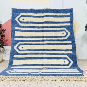 Handmade Wool Berber Rug: Blue & White Moroccan Area Rug