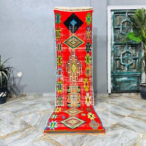 Handmade Wool Berber Runner Rug: Colorful Moroccan Hallway Carpet