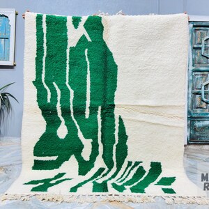 Handmade Beni Ourain Wool Rug: White & Green Bohemian Moroccan Carpet