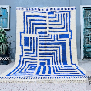 BENIOURAIN MOROCCAN RUG, Handmade Rug, White And Blue Rug, Custom Moroccan Rug, Berber Carpet, Blue Rug For Home Decor
