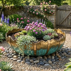 May include: A large, round, hammered metal planter with a scalloped rim, featuring a dual-tone finish of metallic gold on the upper section and a weathered teal patina on the lower half, filled with various green succulents and purple chives.