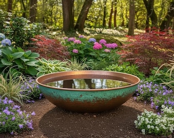 Handcrafted Solid Copper Bird Bath Basin - Verde Copper Finish
