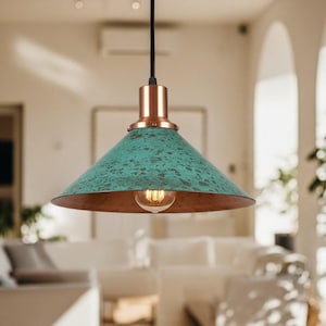 Handmade Brass Dome Pendant Light: Green Patina Industrial Lighting