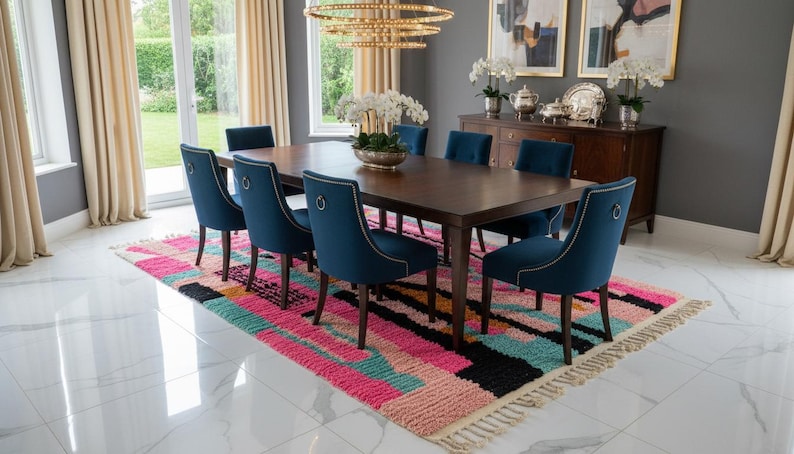 May include: A dining room set featuring a dark wood table surrounded by eight blue velvet chairs. A colorful rug with pink, turquoise, and black patterns sits beneath the table. The room has neutral-colored curtains and a chandelier.