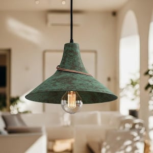 Handmade Brass Dome Pendant Lamp: Green Patina Finish, Adjustable Cord