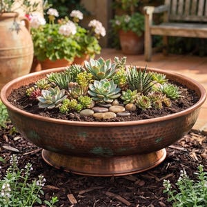 Puede incluir: Una maceta grande y redonda de cobre martillado con base de pedestal, llena de una variedad de suculentas verdes y variegadas y piedras de río lisas, situada en un parterre con mantillo oscuro y vegetación circundante.