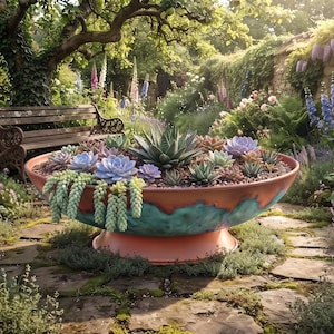 May include: A large, shallow, terracotta-colored bowl planter with a wide, flared base and a textured, teal-blue glazed rim. The planter is filled with a variety of succulents, including rosette-shaped varieties and trailing green stems.