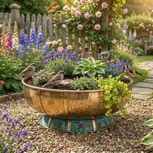 May include: A large, round, hammered copper planter bowl with a wide, teal-patina metal base. The bowl is filled with various green plants, including hostas and lavender, and features small birds perched along the rim of the container.
