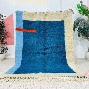 Blue Beni Ourain Rug: Handmade Wool Berber Rug, Abstract Design