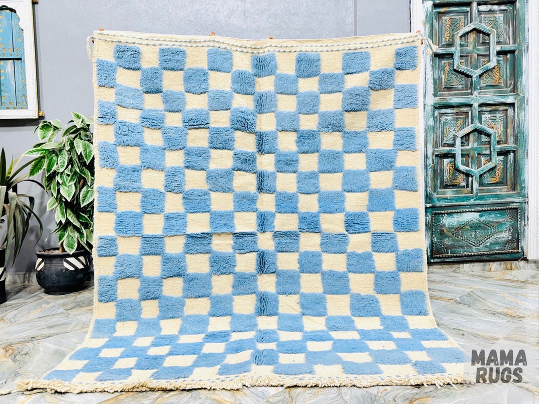 Blue Checked Rug Authentic Beni Ourain Rug, Sky Blue Checkered Rug, Moroccan Rug, Berber ...
