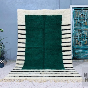 Handmade Wool Berber Rug: White & Green Moroccan Beni Ourain Style