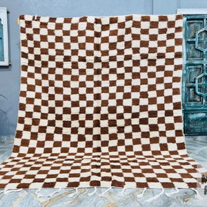 Handmade Brown and White Checkered Wool Rug: Moroccan Beni Ourain Carpet