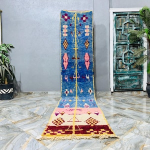 BLUE RUNNER RUG, Moroccan Runner, Hallway Runner, Soft Wool Runner, Berber Carpet, Authentic Morocco Runner, Bohemian Rug