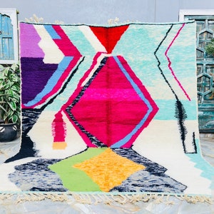 Hand Knotted Wool Berber Rug: Colorful Moroccan Beni Ourain