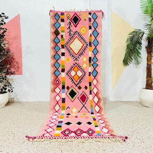 Custom Beni Ourain Runner rug - Moroccan runner rug - Pink runner rug - Hallway runner Morrocan - Soft Wool runner - Berber runner Pink