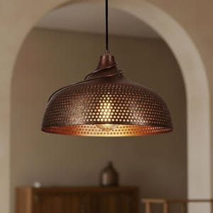 Handmade Perforated Copper Light Pendant - Rustic Dome Hanging Fixture - Industrial Ceiling Light