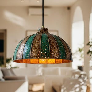 Moroccan Copper Dome Pendant Lamp , Green Patina , Hammerd Dome Lamp , Ceiling Dome Lamp , Rustic Chandelier , Copper Dome Light fixture