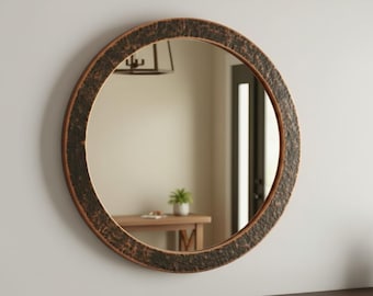 Handcrafted Round Mirror, Industrial Hammered Copper Frame, Rustic Wall Decor