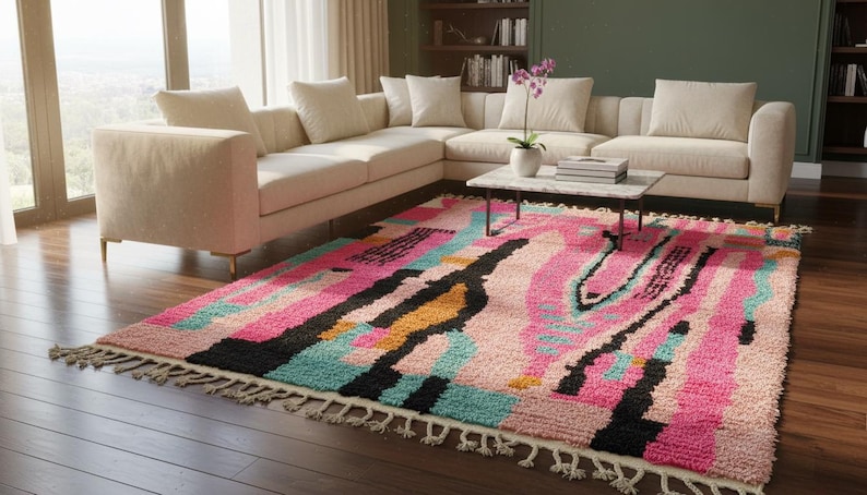 May include: A colorful area rug with a geometric design. The rug features a mix of pink, black, teal, and yellow rectangular shapes. It has a fringed edge and is placed on a hardwood floor in a living room setting.