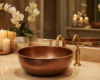 Handmade Hammered Copper Vessel Sink – Moroccan Patina Bathroom Washbasin