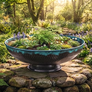 Pode incluir: Um vaso grande e redondo em forma de taça, de cor escura com uma borda turquesa, preenchido com várias samambaias verdes, pequenas flores brancas e flores roxas, apoiado sobre uma base circular que eleva o recipiente do solo.