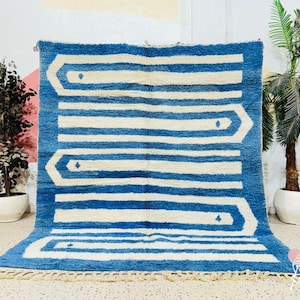 Custom Beni Ourain Rug: Handmade Wool Berber Carpet, White & Blue