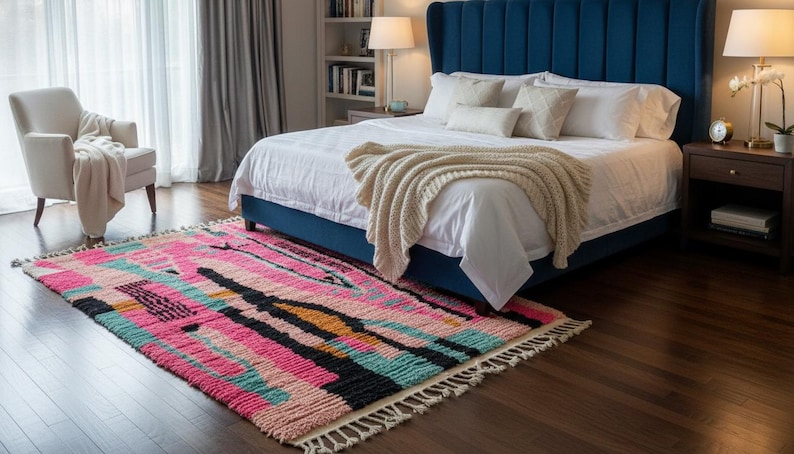 May include: A colorful, rectangular rug with a geometric pattern in shades of pink, black, teal, and orange. The rug is placed on a hardwood floor in front of a bed with a blue headboard. A white armchair and a bed with white linens are also visible.