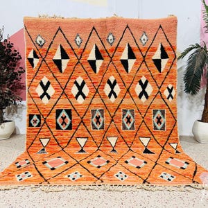 Orange Beni Ourain Rug: Handwoven Moroccan Wool Berber Carpet 7x10