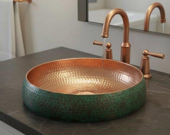 Bathroom Copper Sink - Green Patina Copper Sink, Handmade Round Wash Basin, Rustic Decor For Bathroom, Green Patina Vessel Sink