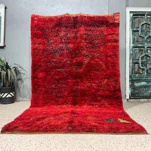 Vintage Red Moroccan Rug: Handmade Berber Wool Boujaad Rug (5.7ft x 9.5ft)