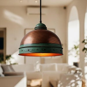 Dome Pendant Light – Patina Green Copper Hanging Lamp – Hammered Handmade Ceiling Light Fixture