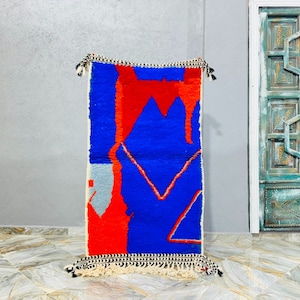 Small Moroccan Berber Rug, Handmade Rug, Sheep Wool Rug, Small Beni Ourain Rug, Blue Rug