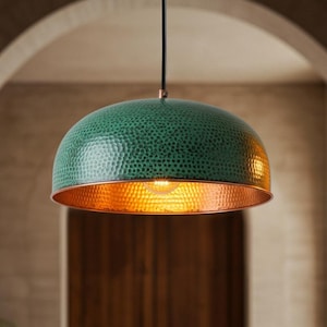 Handmade Brass Dome Pendant Lamp: Green Patina, Rustic Chandelier