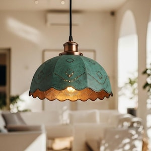 Vintage Dome Copper Patina Lamp - Industrial Green Patina Lamp - Handmade Copper Light - Rustic Chandelier - Farmhouse Pendant Lamp