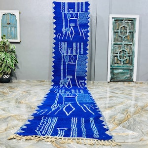 Moroccan Blue Runner Rug, Beni Ourain Runner, Handmade Wool Rug, Narrow Blue Runner Rug, Berber Runner Carpet