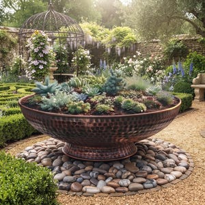 Pode incluir: Um grande vaso redondo de cobre martelado preenchido com uma variedade de plantas suculentas em tons de verde e azul. A taça apresenta uma bacia larga e rasa com uma base de pedestal, repousando sobre uma cama circular de seixos lisos.