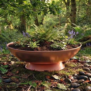 Op de afbeelding: Een brede, ondiepe koperkleurige metalen plantschaal met een voetstuk, gevuld met donkere potgrond, groene varens en kleine paarse bloemen. De schaal heeft een gladde, matte afwerking en een ronde, symmetrische vorm.