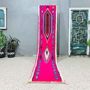 Custom Beni Ourain Runner rug - Moroccan runner rug - Pink runner rug - Hallway runner Morrocan - Wool runner - Berber runner Strong Pink
