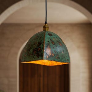 Handmade Brass Dome Pendant Light: Green Patina Farmhouse Lamp