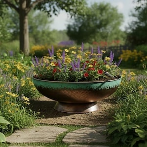 Peut inclure: Un grand pot de fleurs en cuivre avec un bord turquoise, rempli de fleurs colorées, est posé sur un chemin de pierre dans un jardin luxuriant. Le jardin présente diverses fleurs, herbes et arbres, créant une scène extérieure vibrante.
