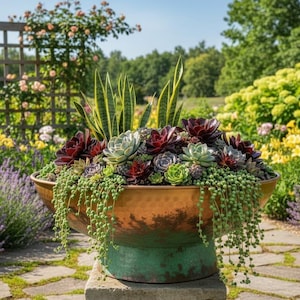 Könnte beinhalten: Ein großer, kupferfarbener Pflanztopf, gefüllt mit einer Vielzahl von Sukkulenten und Hängepflanzen. Der Pflanztopf steht auf einem Steinsockel in einem üppigen Garten, umgeben von bunten Blumen und Grün. Der Garten hat einen Steinweg.