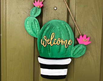 Mexican Southwest wood cut out hand painted personalized door hanger Cactus Door Hanger