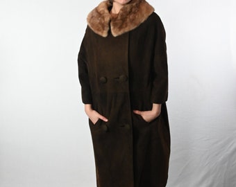 Vintage Suede Coat with Fur Trim Collar