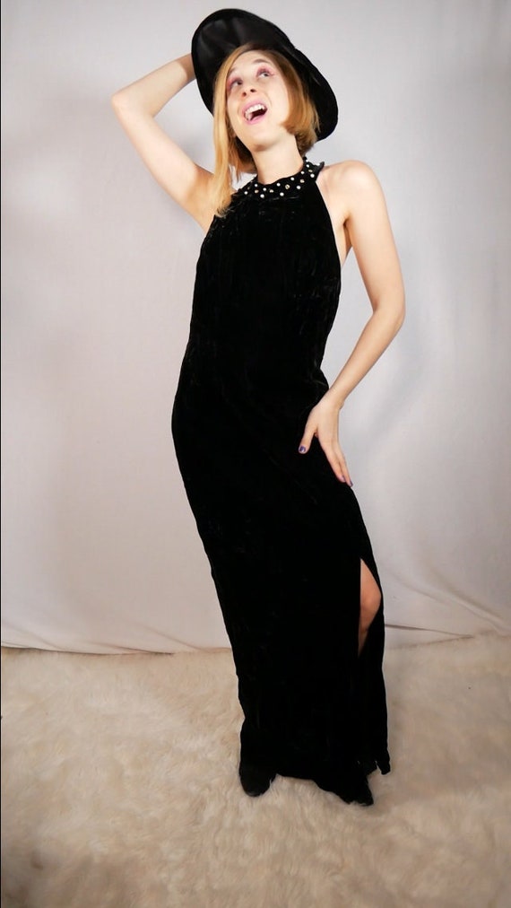 Black Velvet  Evening Gown Pearl and Rhinestone C… - image 1