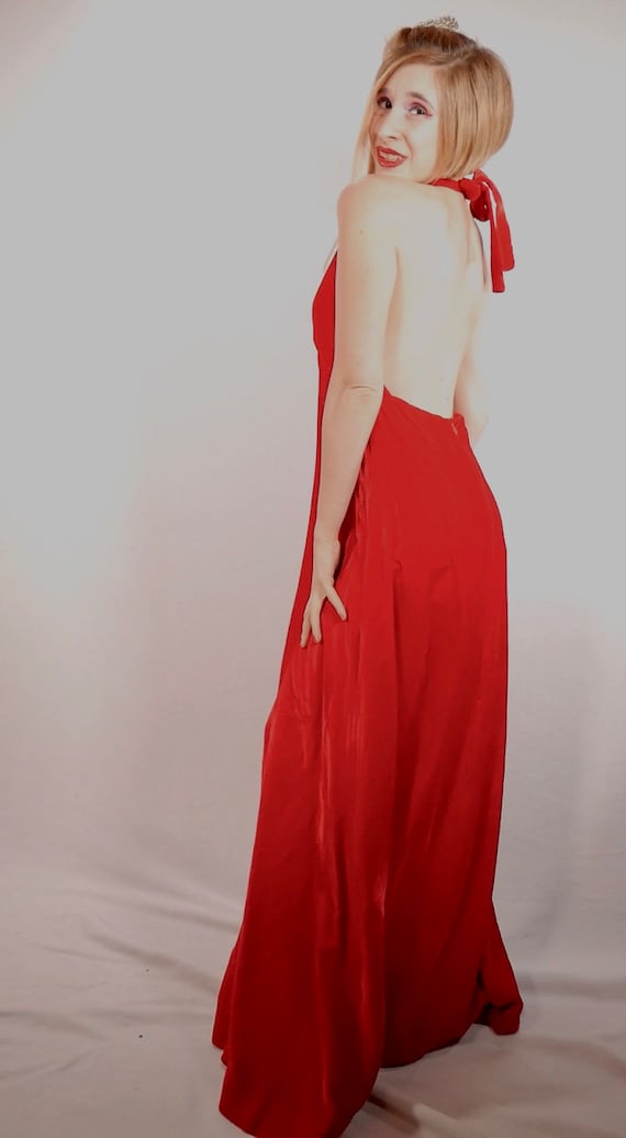 Bright Red Velvet Maxi Halter Dress Size Large  C… - image 3