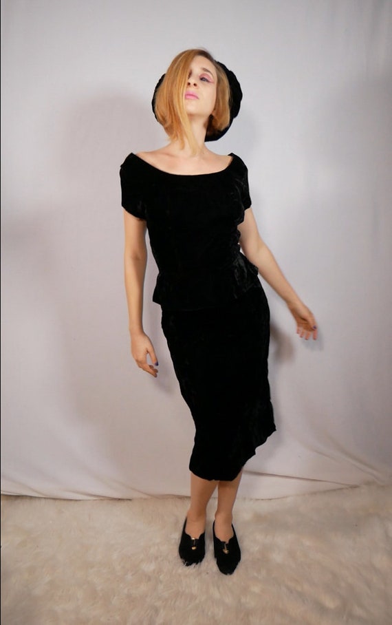 Black Velvet Dress Peplum Waist Circa 1950s