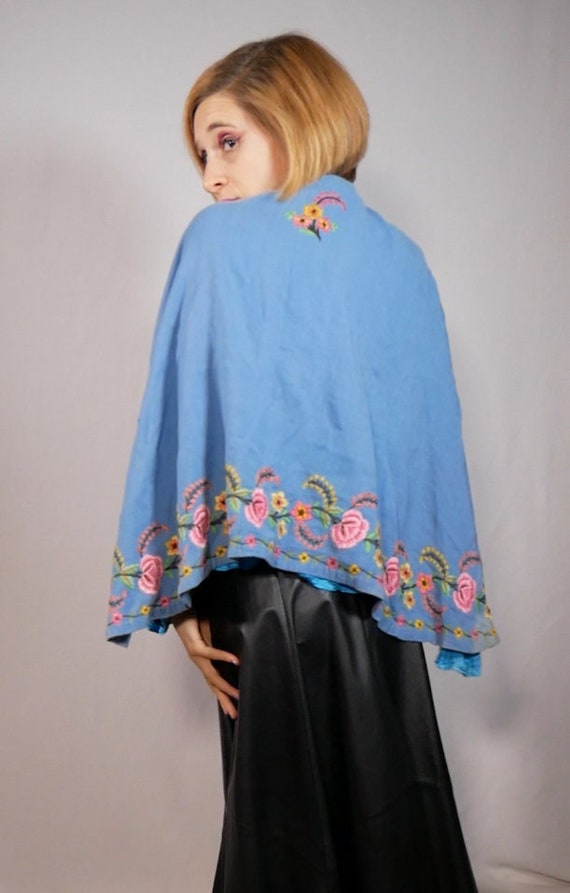 Floral Embroidered Blue Wool Cape Circa 1940s