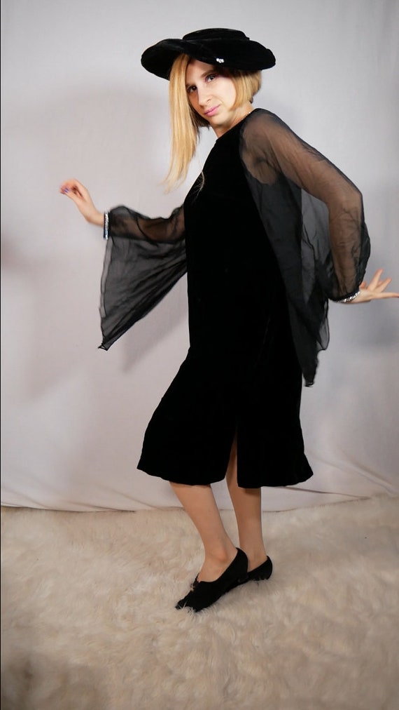 Black Velvet Midi Length Dress Bell Sleeves Glamo… - image 3