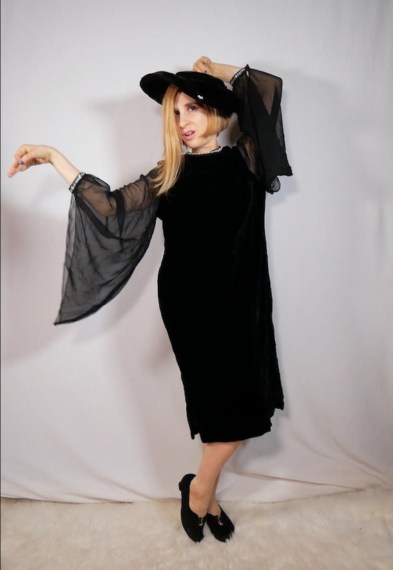 Black Velvet Midi Length Dress Bell Sleeves Glamou